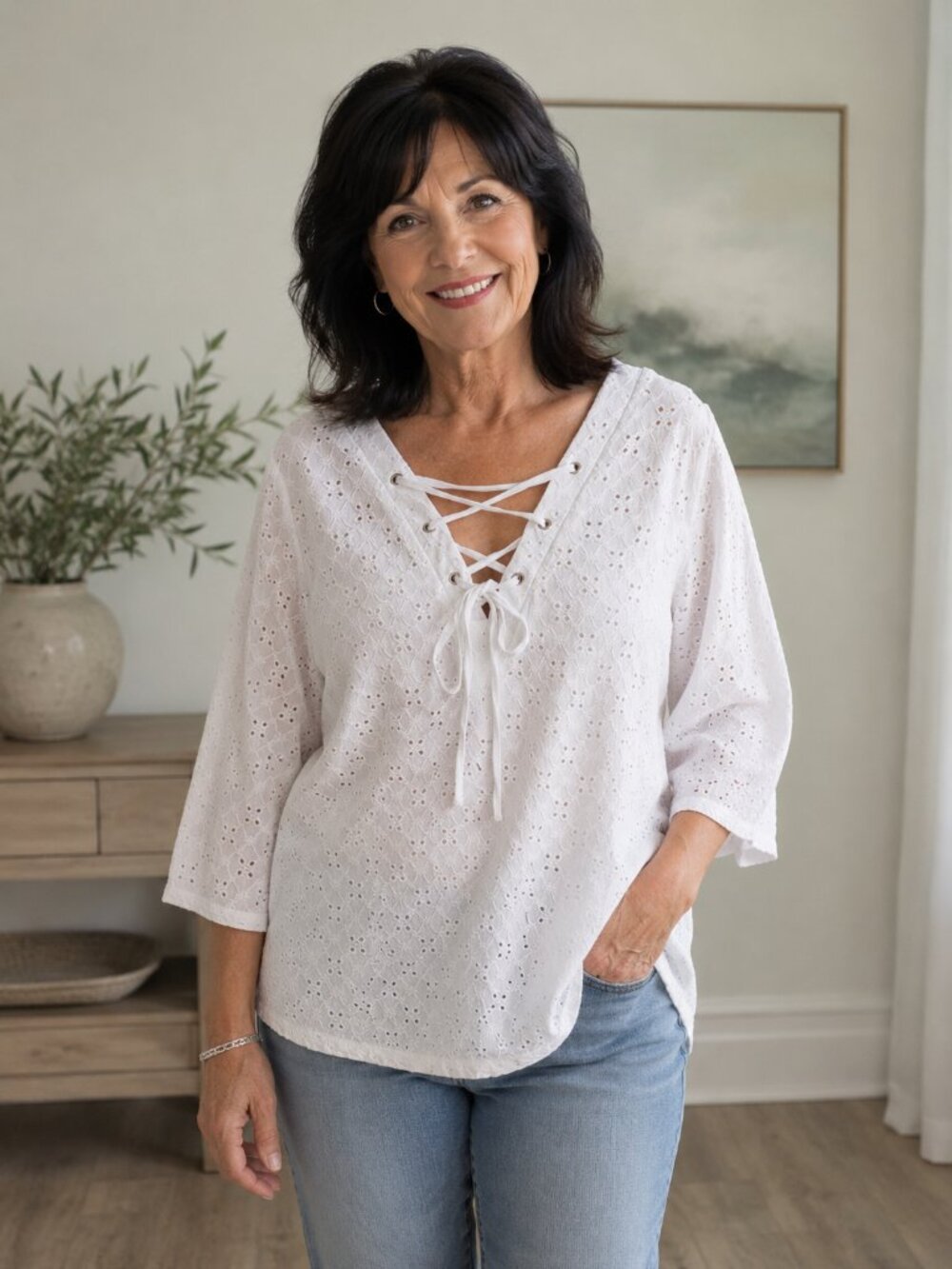 Slimfactor by Investments White Eyelet Lace-Up Tunic Top
